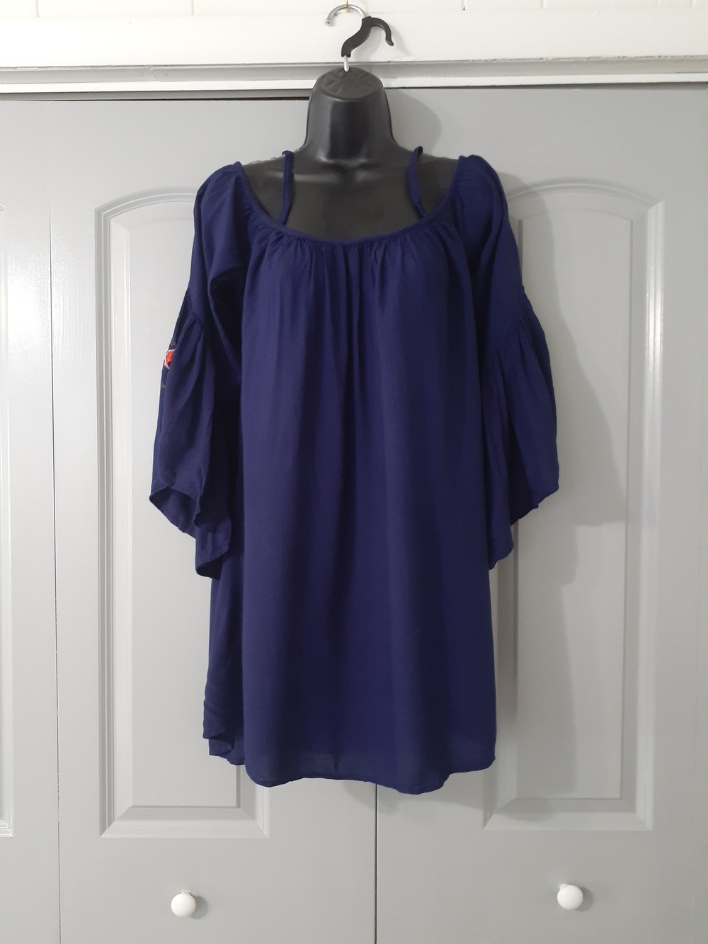 Feathers Navy Off-Shoulder Tunic with Spaghetti Straps - Picture 1 of 5